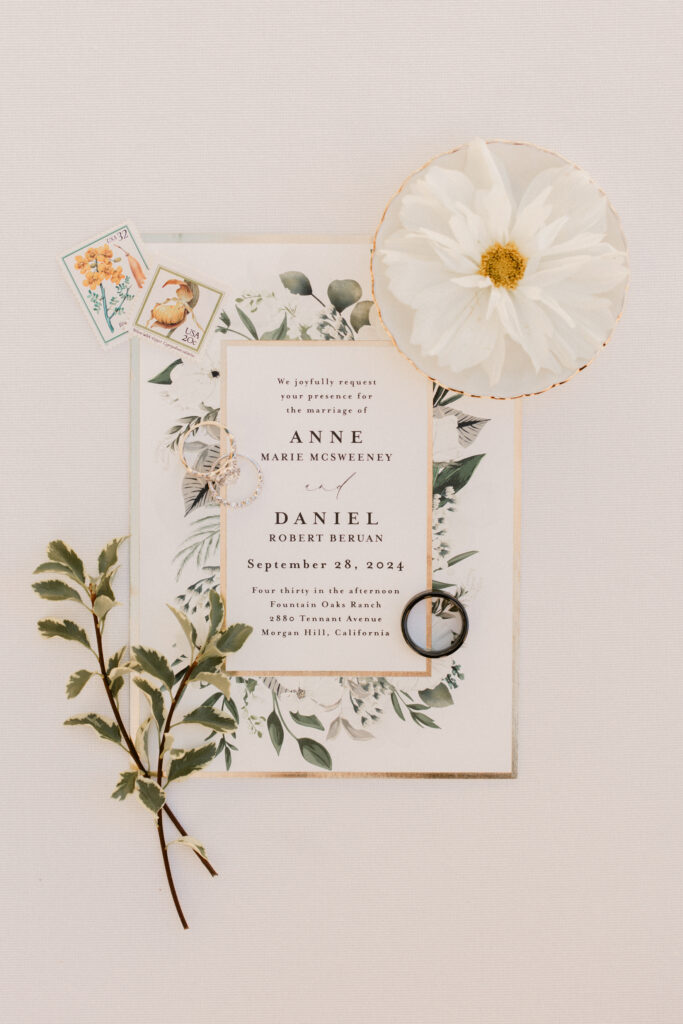 Close-up of wedding invitation at a Morgan Hill wedding in California.