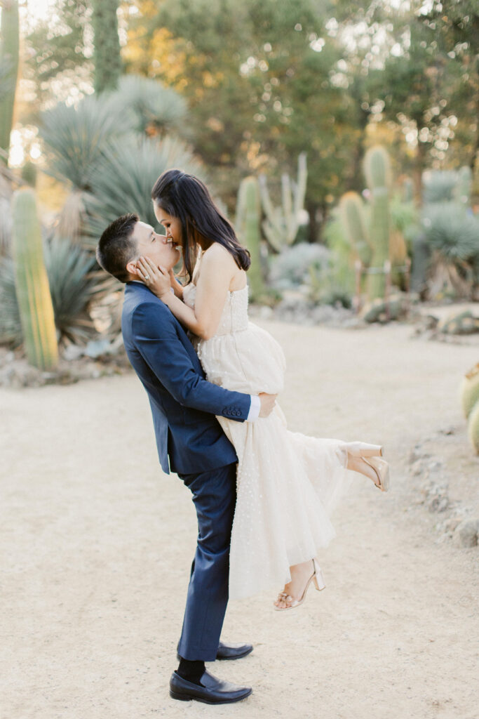 Winter engagement photography with neutral tones at Stanford Cactus Garden