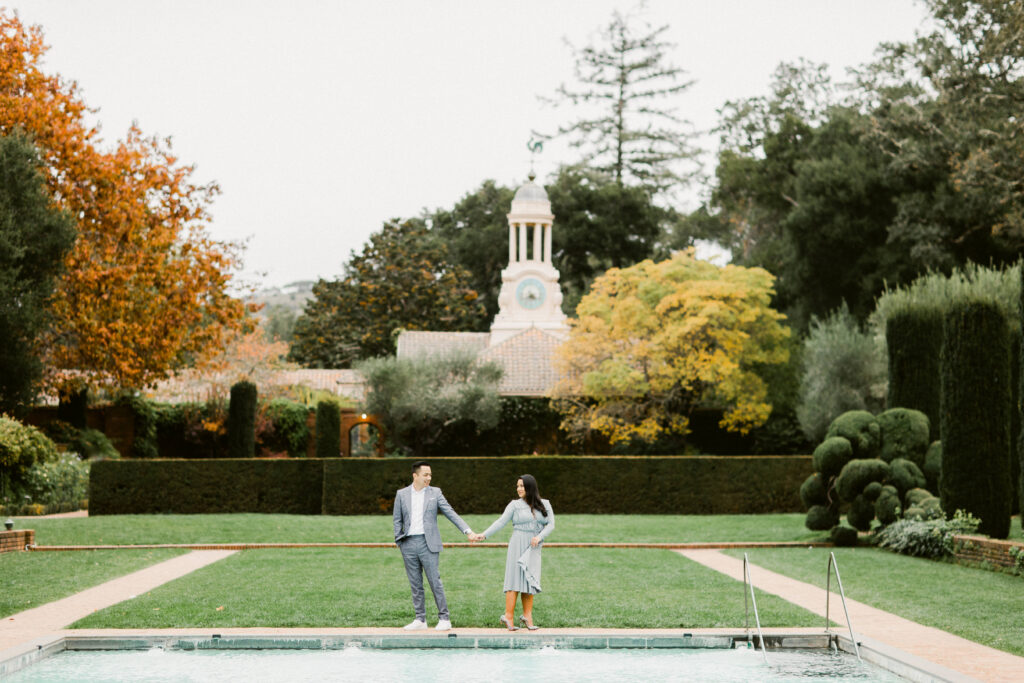 Engagement portraits in muted neutral tones at Filoli in autumn