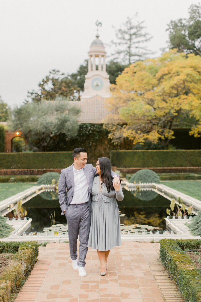 Reflecting pool engagement portrait at Filoli in the fall