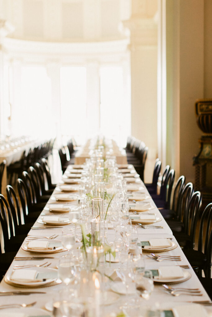 Long table details inside Flood Mansion